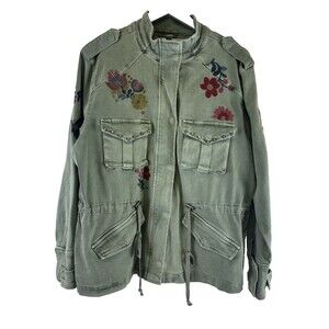 Billy T Green Floral Embroidered Studded Military Jacket Zip Snap Womens Large